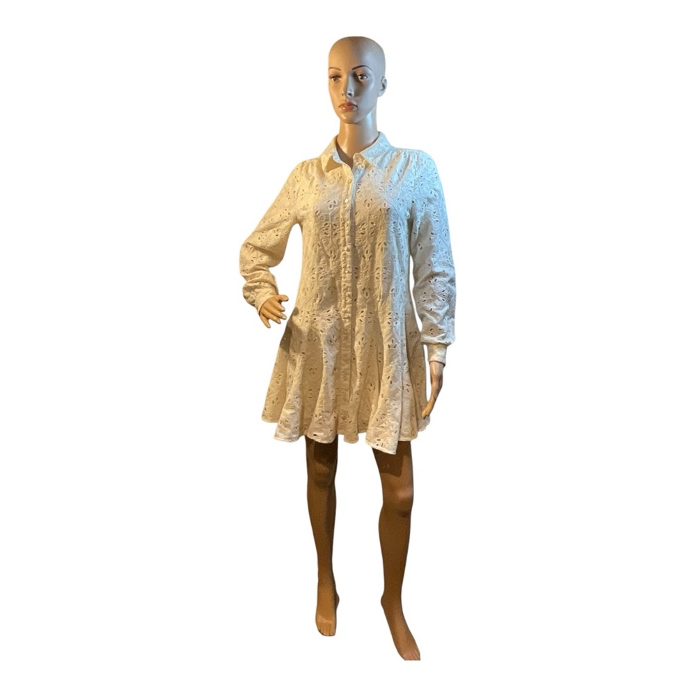 Sezane Cream Eyelet Long Sleeve Shirt Dress